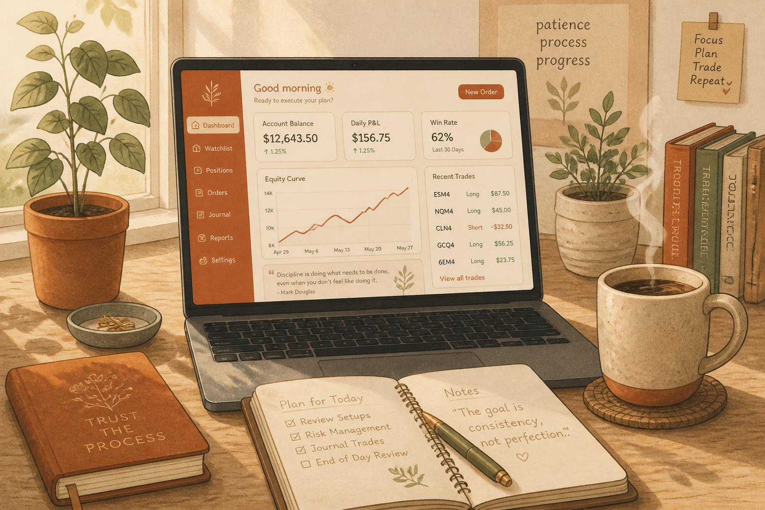 A warm, sunlit desk with a laptop showing a simple trading dashboard, a notebook and a cup of coffee